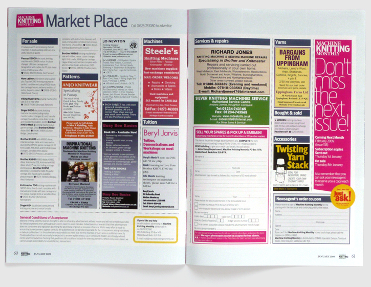 Redesign of Machine Knitting Monthly magazine by Nick McKay. Market place spread