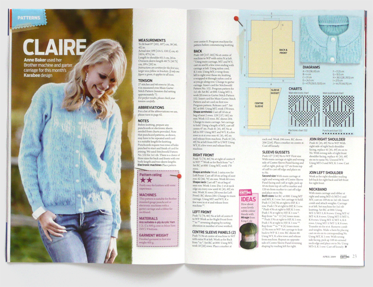 Redesign of Machine Knitting Monthly magazine by Nick McKay. Pattern spread claire