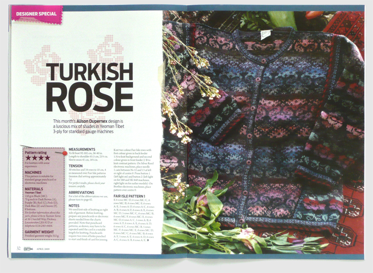 Redesign of Machine Knitting Monthly magazine by Nick McKay. Turkish rose pattern spread