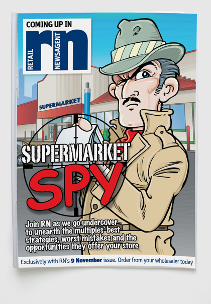Design & art direction for Retail Newsagent magazine by Nick McKay, supermarket spy advertisement