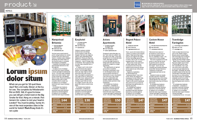 Redesign of Business Travel World magazine for EMAP by Nick McKay. Data spread