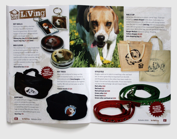 Branding, design & art direction of newsletter for the Beagle Welfare charity by Nick McKay. Newsletter page 26-27