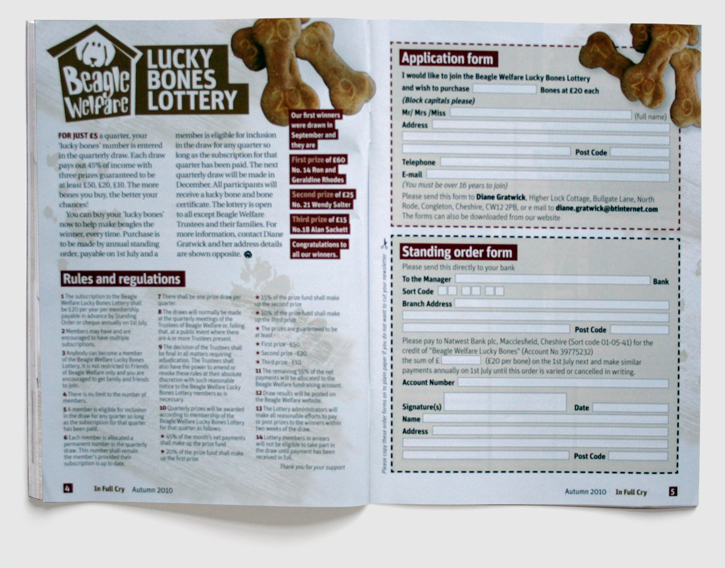 Branding, design & art direction of newsletter for the Beagle Welfare charity by Nick McKay. Page 4-5