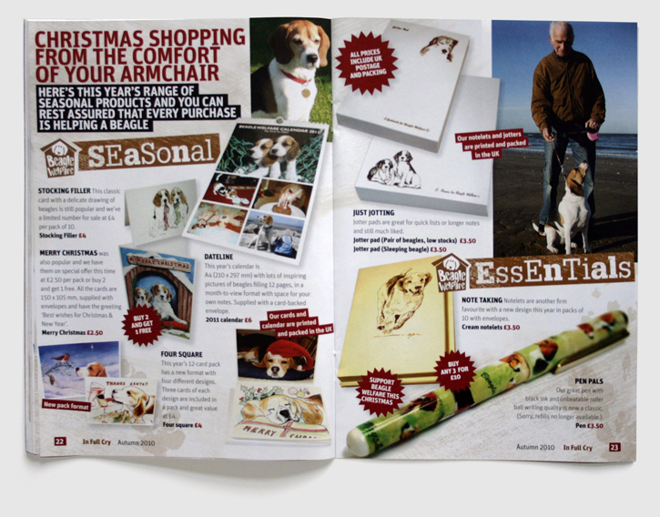 Branding, design & art direction of newsletter for the Beagle Welfare charity by Nick McKay. Page 22-23