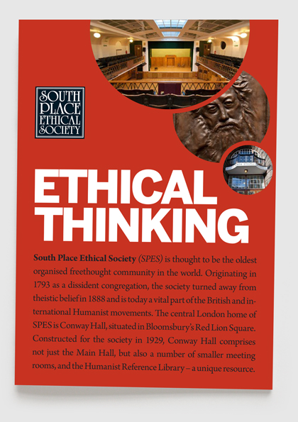 Branding, design & art direction of promotional brochure for South Place Ethical Society by Nick McKay. Cover design