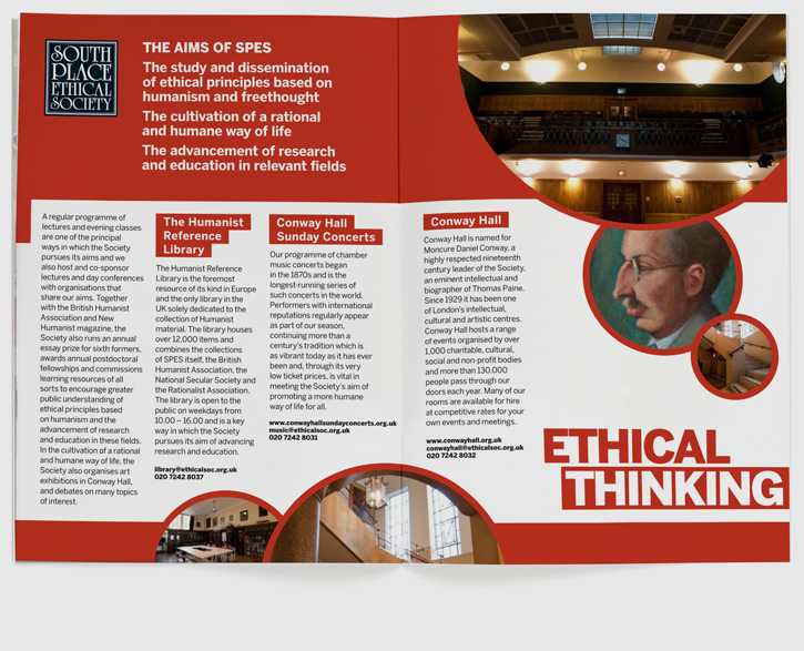 Branding, design & art direction of promotional brochure for South Place Ethical Society by Nick McKay. Page 2-3
