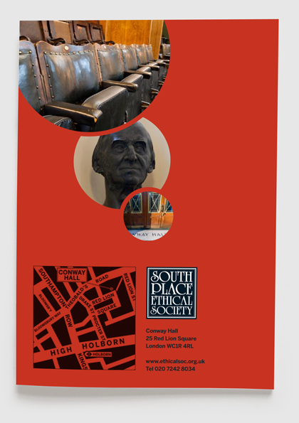 Branding, design & art direction of promotional brochure for South Place Ethical Society by Nick McKay. Back cover design