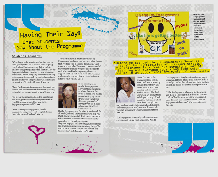 Branding, design & art direction of brochure for Quintin Kynaston School re-engagement programme by Nick McKay. Page 8-9