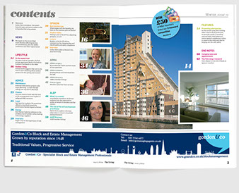 Redesign of Flat Living magazine by Nick McKay. Contents spread