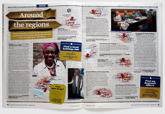 Guild of Machine Knitters newsletter redesign by Nick McKay. Around the regions spread