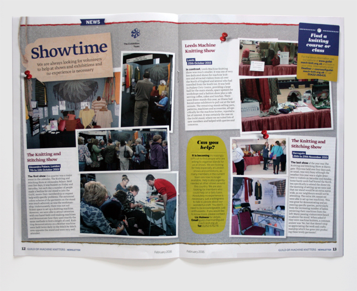 Guild of Machine Knitters newsletter redesign by Nick McKay. Showtime spread