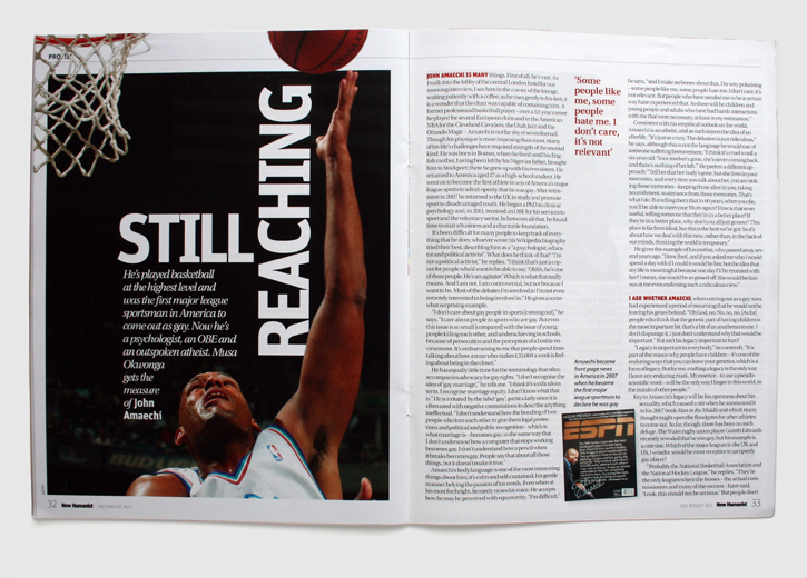 Design & art direction of New Humanist magazine by Nick McKay, feature on John Amaechi