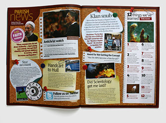 Design & art direction of New Humanist magazine by Nick McKay, parish news feature