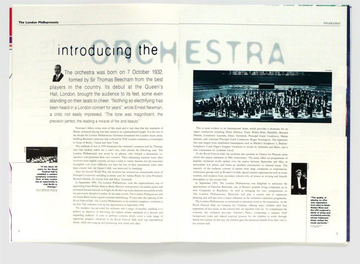 Design & art direction of a yearbook for the London Philharmonic Orchestra by Nick McKay, page 4-5