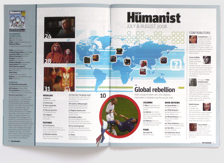 Redesign of New Humanist magazine by Nick McKay. Shortlisted for Best Design/Redesign at the MD&J Awards. Contents spread