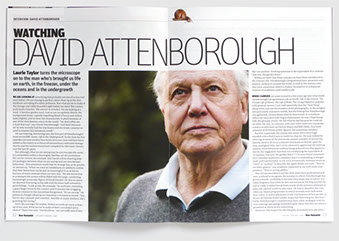 Redesign of New Humanist magazine by Nick McKay. Shortlisted for Best Design/Redesign at the MD&J Awards. David Attenborough feature