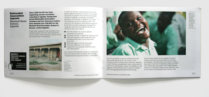 Branding, design & art direction for annual report for the Rationalist Association by Nick McKay, page 14-15