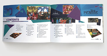 Design & art direction of Reallife magazine by Nick McKay for the SKS Swaminarayan Temple, East London. Contents.